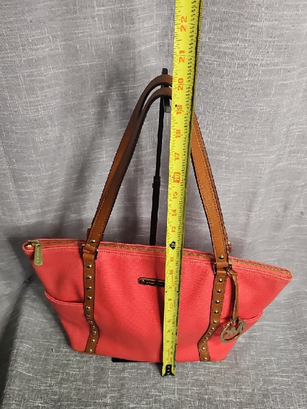 Michael Kors Coral Canvas Tote with Tan Leather Trim and MK Charm - Picture 5 of 15